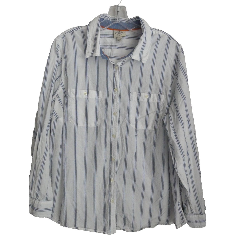 St‎ John's Bay Women's Cotton Striped Button Shirt 0X Office Summer Casual White
